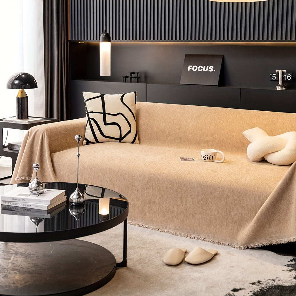 1pc Luxurious Waterproof Sofa Cover with Tassels - Durable, Washable, and Universal Furniture Protector for Living Room Home Decor - Stylish Couch Slipcover and Throw Blanket Alternative