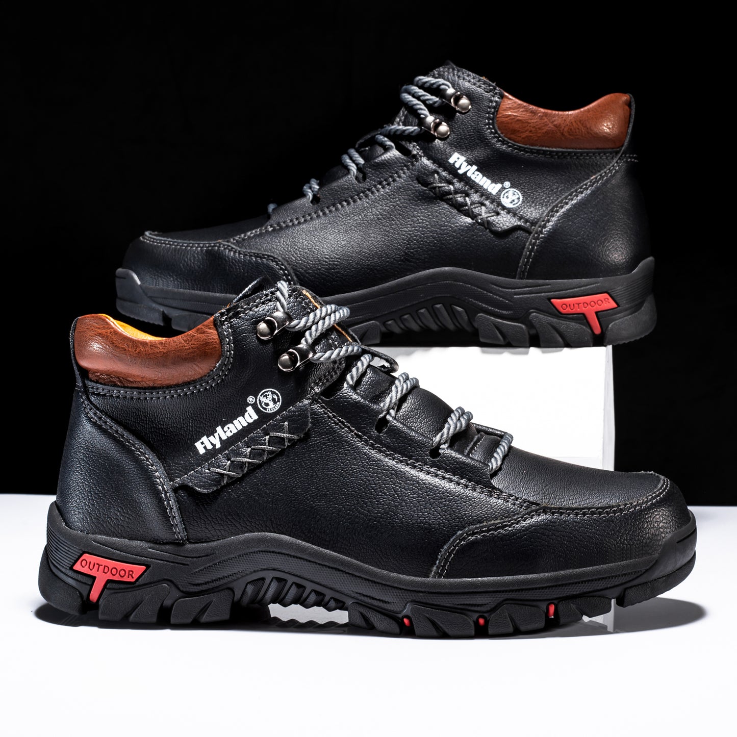 FLYLAND Men's Breathable Chukka Boots - High Quality-Like Upper, All-Terrain Traction Rubber Sole, Round Toe Hiking & Trekking Shoes for Camping, Mountaineering, Casual Wear - Black/Red/Grey Boots (Lace-Up), Winter Boots For