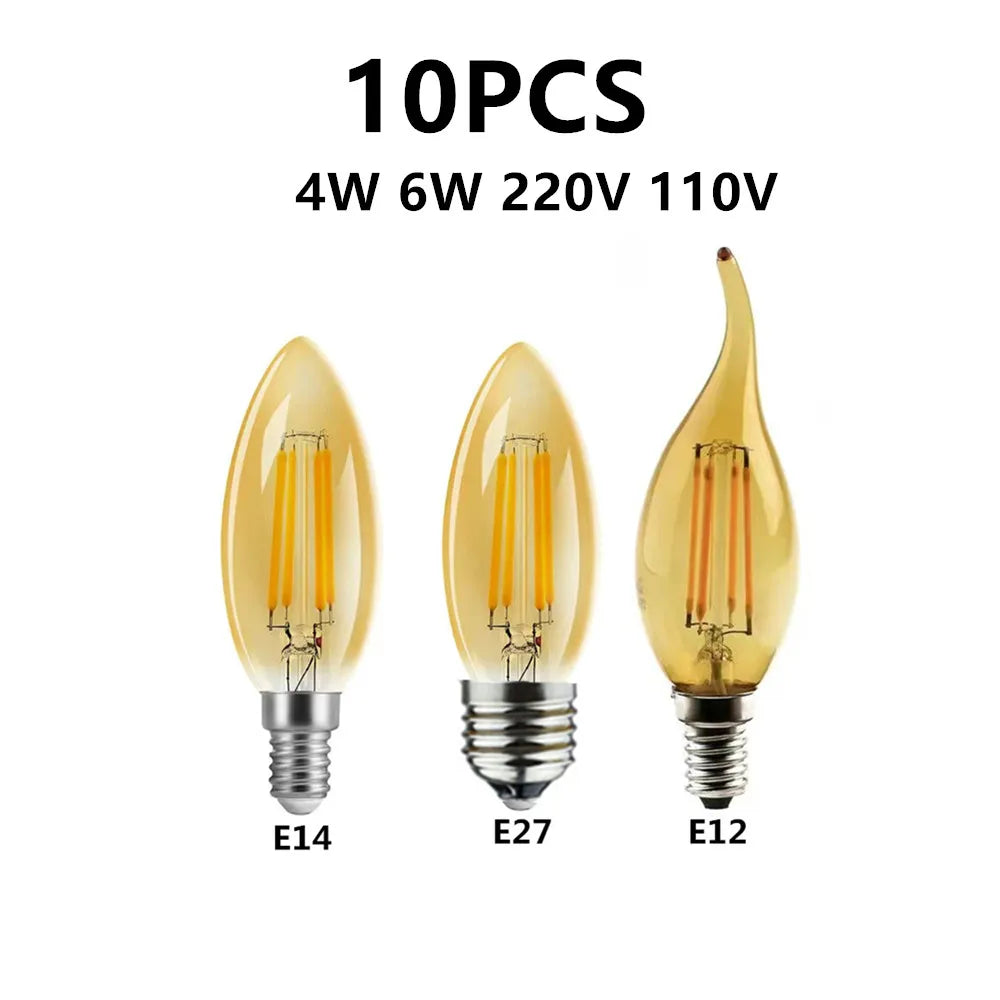 10PCS C35 Candle Bulb 4W 6W Dimmable Led Filament 220V 110V E12 E14 E27 Candelabra Base Flame Shape Lamps For Chandelier Light