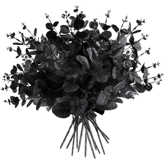 16 Forks Black Artificial Rattan Eucalyptus Leaves Fake Flowers Bouquet for Home Room Decor Thanksgiving Halloween Decoration