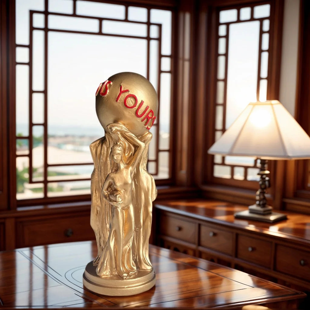 1 Piece of Accessible Luxury Three-Person Ball Art Ornament with Golden Texture and Ball Engraved with the World Is Yours. Inspirational Atmosphere Display for Living Room Desktop