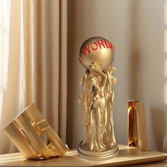 1 Piece of Accessible Luxury Three-Person Ball Art Ornament with Golden Texture and Ball Engraved with the World Is Yours. Inspirational Atmosphere Display for Living Room Desktop