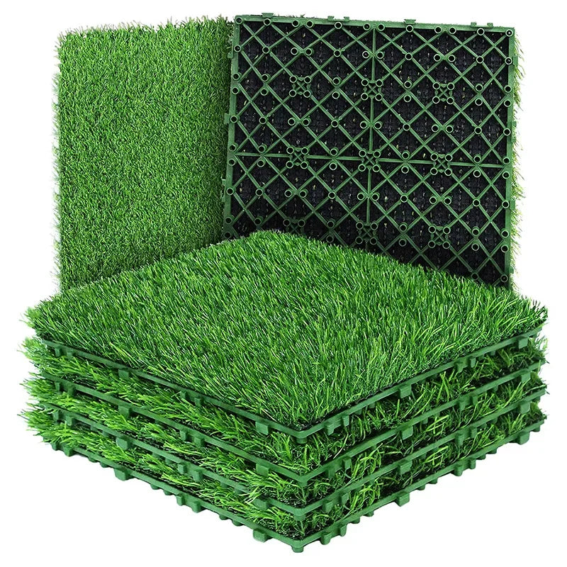 10 Pcs 12 Inchx12 Inch Realistic Grass Turf Tile Interlocking Square Artificial Grass Mat Grass Flooring Tiles for Garden Decor