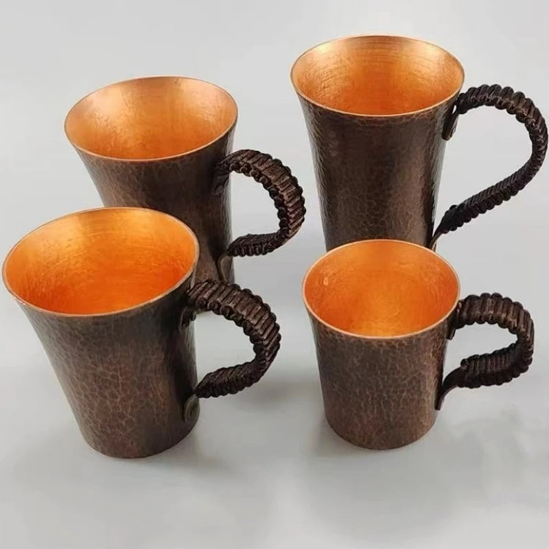 Vintage Pure Copper Coffee Cup,Mug Moscow Mule Tumbler Engraving Hammer Texture Woven Handle 450 ml Beer Mug,Tea Cup Tableware