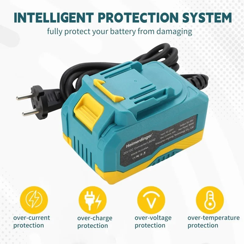 220V AC to 18V DC converter for 20V Cordless Tools - Smart Protection, EU Plug, Non-Slip Design