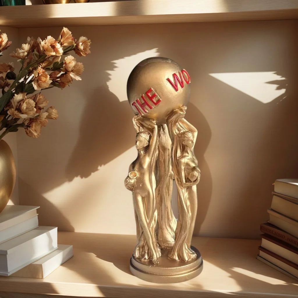 1 Piece of Accessible Luxury Three-Person Ball Art Ornament with Golden Texture and Ball Engraved with the World Is Yours. Inspirational Atmosphere Display for Living Room Desktop