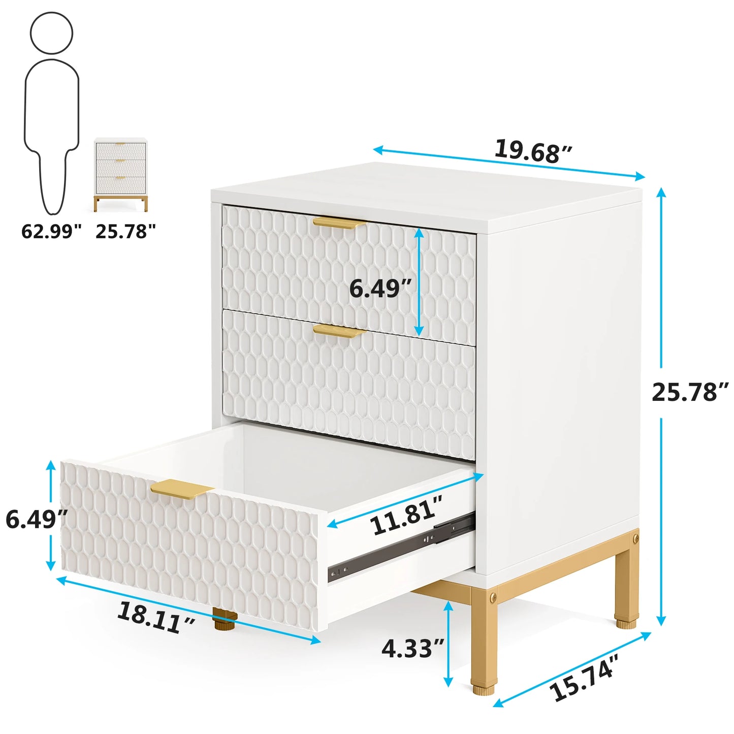 Tribesigns Modern Nightstand, 65.5 cm Tall Bedside Table with 3 Drawers, Contemporary End Side Table with Storage