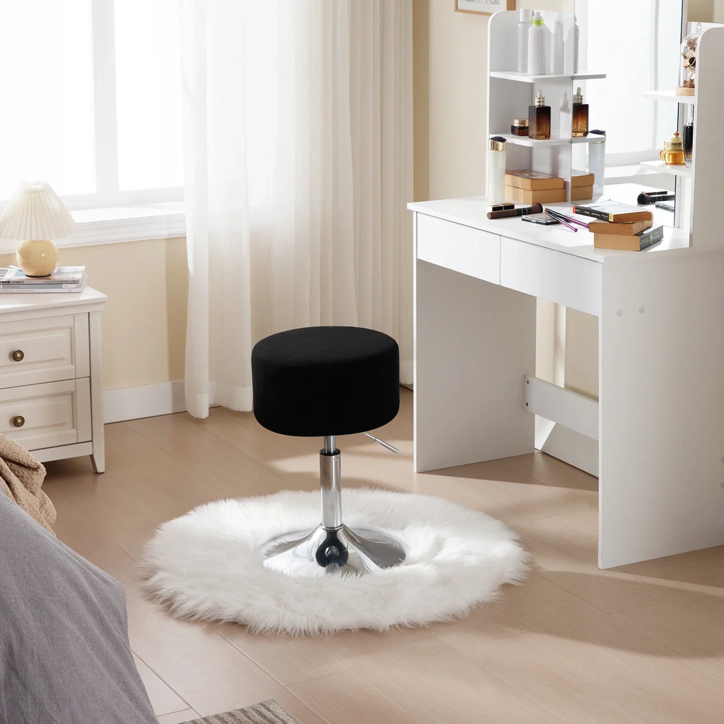 WOLTU 1PC White Round Swivel Bar Stools Height-Adjustable Makeup Stools Corduroy Padded Stools for Office Kitchen Home